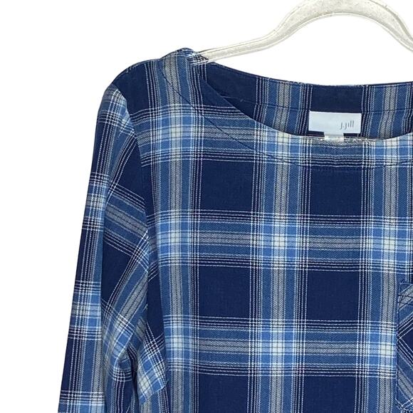 J Jill Womens Size XS Blue Plaid Blouse Top Back Buttons Cotton Boat Neck - Picture 2 of 10